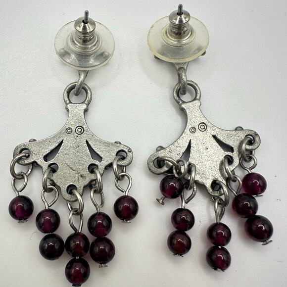 Silver tone genuine almandine garnets beads beaded dangle drop post earrings - Picture 6 of 8